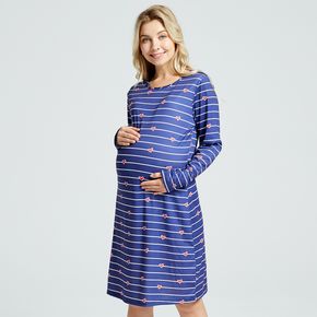Maternity Stripe Heart-shaped Print Long-sleeve Nightdress