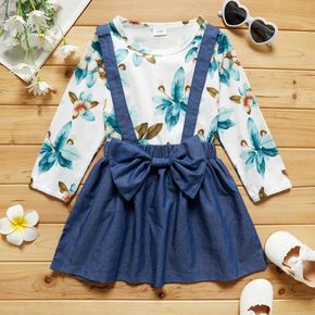 2-piece Toddler Girl Floral Print Long-sleeve Tee and Bowknot Design Denim Suspender Skirt Set