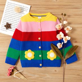 Toddler Girl Floral Embroidered Colorful Stripe Button Design Knit Sweater
