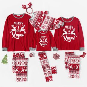 Conjunto de pijama de manga comprida com estampa de cervos e letras vermelhas da família feliz natal (resistente ao fogo)