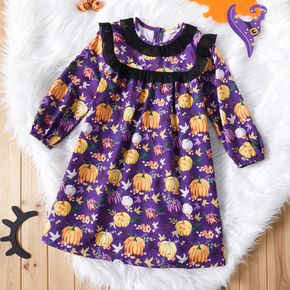 Kid Girl Halloween Pumpkin Print Ruffled Long-sleeve Dress