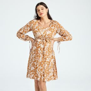 Maternity Floral Print Square Neck Long-sleeve Lace-up Dress