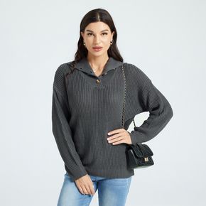 Maternity Button Polo Collar Long-sleeve Dark Grey Sweater