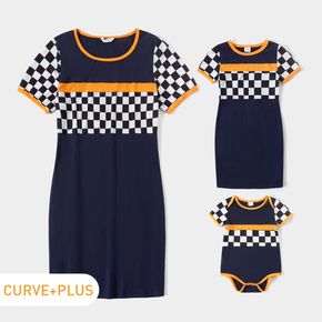 Cotton Colorblock Grid Pattern Splice Short-sleeve Matching Dresses