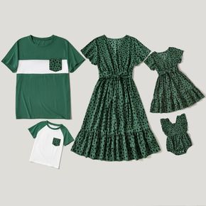 Polka Dot Green Family Matching Sets（Belted Ruffle Hem Dresses and Short-sleeve T-Shirts）