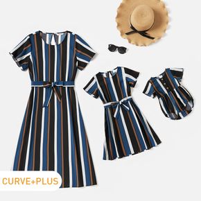Striped Round Neck Short-sleeve Belted Midi Dress for Mom and Me