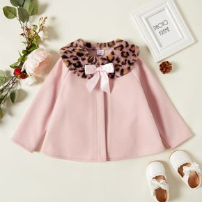 Toddler Girl Leopard Fuzzy Collar Bowknot Design Pink Coat
