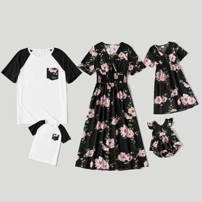 Floral Print Black Family Matching Sets（Midi Dresses and Short-sleeve Raglan T-Shirts）