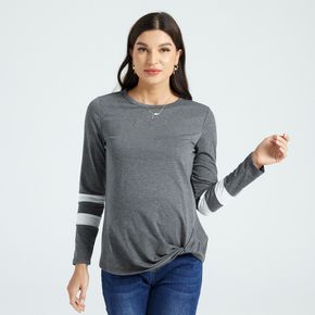 Two White Bands Splice Solid Color Round Neck Long-sleeve Maternity Top