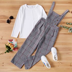 2-piece Kid Girl Long-sleeve White Tee and Button Design Plaid Overalls Set