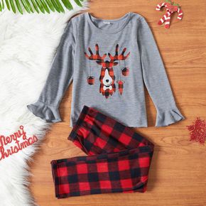 2-piece Kid Girl Christmas Deer Print Bell sleeves Top and Plaid Pants Pajamas Lounge Set