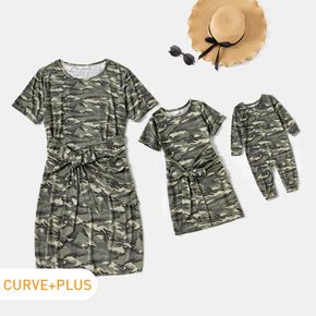Army Green Camouflage Short-sleeve Belted Midi Dress for Mom and Me