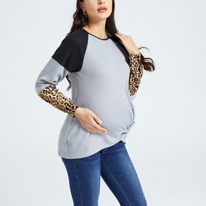 Maternity Colorblock Leopard Splice Round-collar Long-sleeve T-shirt