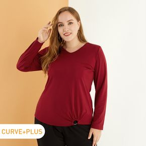 Women Plus Size Casual Christmas O-ring Front Long-sleeve Red T-shirt