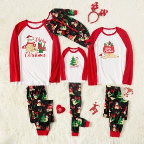 Ensembles de pyjamas à manches longues raglan rouges assortis à la famille bien ajustée à imprimé paresseux et lettres de Noël
