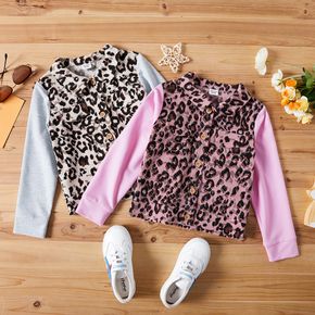 Kid Girl Leopard Print Button Design Colorblock Fuzzy Jacket