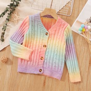 Kid Girl Gradient Color Button Design Cable Knit Sweater Cardigan