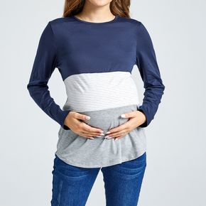 Maternity Color Block Stripe Splice Round-collar Long-sleeve T-shirt