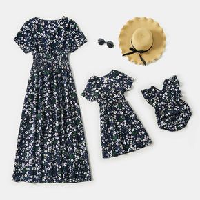All Over Floral Print Dark Blue Short-sleeve Midi Dress for Mom and Me