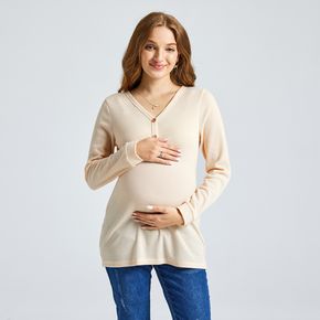 Casual Apricot Color V-neck Long-sleeve T-shirt