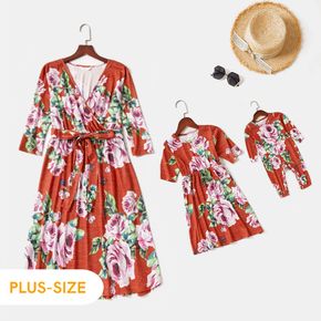 Floral Print Red V Neck Long-sleeve Midi Dress for Mom and Me
