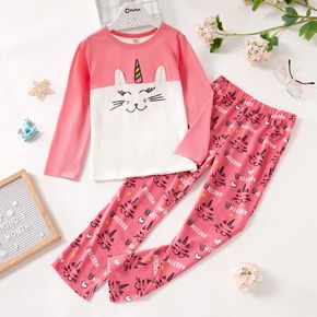 2-piece Kid Girl Animal Cat Pattern Colorblock Long-sleeve Tee and Rainbow Letter Print Pants Sleepwear Pajamas Set