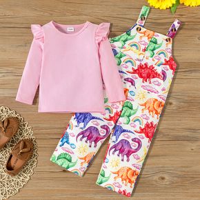 2-piece Toddler Girl Ruffled Ribbed Pink Top and Dinosaur Print Overalls Set