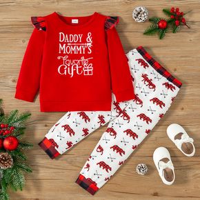 2-piece Toddler Girl Christmas Letter Print Ruffled Red Top and Plaid Animal Print Pants Set