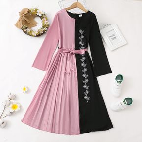 Kid Girl Floral Embroidered Colorblock Splice Belted Pleated Long-sleeve Dress
