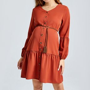 Brick Red Button Up V-neck Long-sleeve Tiered Midi Dress