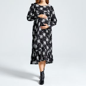 Maternity Black Floral Print Round-collar Long-sleeve Tiered Dress