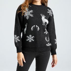 Alces de natal com estampa de floco de neve e gola redonda de manga comprida suéter preto