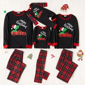 Christmas Cartoon Dinosaur and Letter Print Black Family Matching Long-sleeve Plaid Pajamas Sets (Flame Resistant)