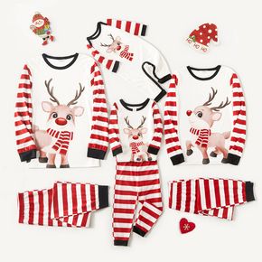 Christmas Cartoon Reindeer Print Family Matching Splicing Striped Long-sleeve Pajamas Sets (Flame Resistant)
