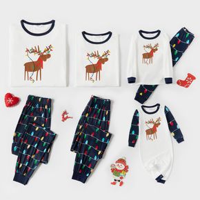Christmas Reindeer and String Lights Print Snug Fit White Family Matching Long-sleeve Pajamas Sets