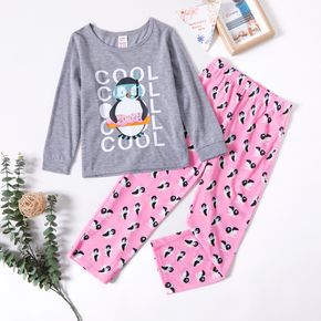 2-piece Kid Girl Letter Penguin Print Long-sleeve Tee and Pants Pajamas Set