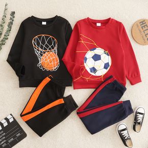 2-piece Kid Boy Ball Print Pullover Sweatshirt and Colorblock Pants Set