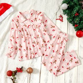 2-piece Kid Girl Christmas Santa Deer Print Button Design Long-sleeve Top and Pants Sleepwear Pajamas Set