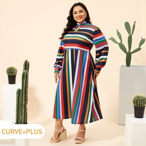 Women Plus Size Casual Colorful Stripe Hollow out Mock Neck Backless Tie Back Long-sleeve Dress