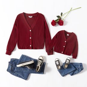 Wine Red Cable Knit V Neck Long-sleeve Cardigan for Mom and Me