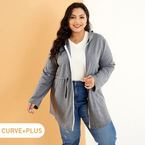 Women Plus Size Basics Drawstring Zipper Hooded Jacket