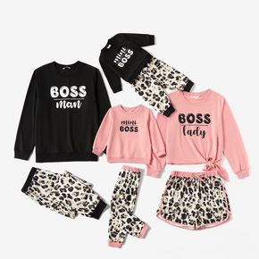 Family Matching Letter Print  Long-sleeve Crewneck Sweatshirts with Leopard Pants Sets
