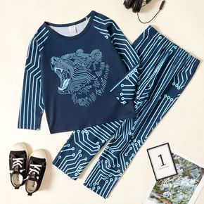 2-piece Kid Boy Animal Pattern Long-sleeve Tee and Allover Print Pants Pajamas Lounge Set