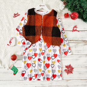 2-piece Kid Girl Heart Print Long-sleeve Dress and Plaid Fuzzy Vest Coat Set