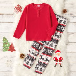 2-piece Kid Boy/Kid Girl Christmas Red Henley Shirt and Deer Geo Pattern Fuzzy Pants Lounge Pajamas Set