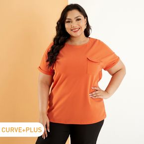 Damen Plus Size Basics Pocket Design Orange T-Shirt