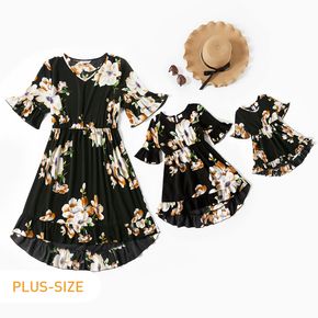 Floral Print Black Ruffle Half-sleeve Midi Dress for Mom and Me