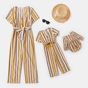 Yellow Striped V Neck Button Short-sleeve Belted Jumpsuits for Mom and Me