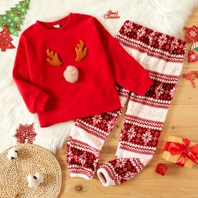 2-piece Kid Girl Christmas Deer Antlers Pompom Pullover Sweatshirt and Geo Pattern Pants Set