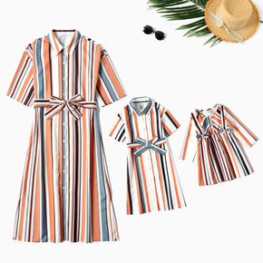 All Over Striped Lapel Button Down Belted Half-sleeve Midi Shirt Dress for Mom and Me